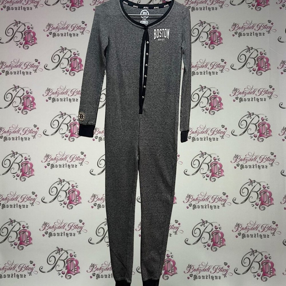 Boston bruins onsie thermal waffle knit grey black long John one piece PJS
